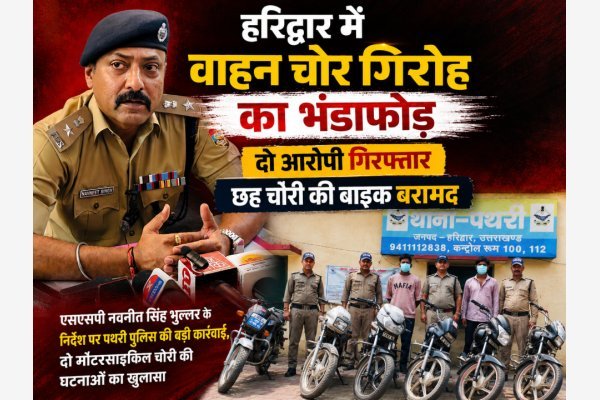 हरिद्वार में वाहन चोर गिरोह का भंडाफोड़, दो आरोपी गिरफ्तार, छह चोरी की बाइक बरामद