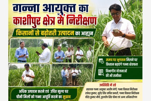 गन्ना आयुक्त का काशीपुर क्षेत्र में निरीक्षण, किसानों से बढ़ोतरी उत्पादन का आह्वान