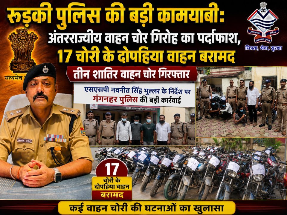रुड़की पुलिस की बड़ी कामयाबी: अंतरराज्यीय वाहन चोर गिरोह का पर्दाफाश, 17 चोरी के दोपहिया वाहन बरामद