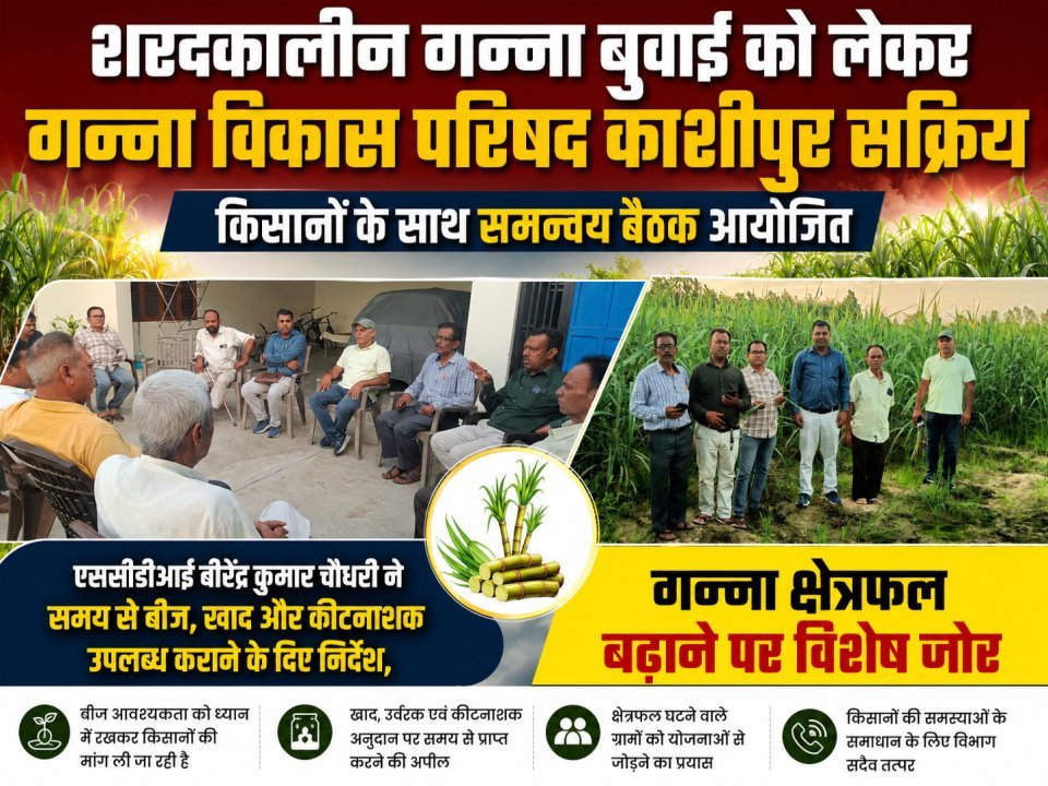 शरदकालीन गन्ना बुवाई को लेकर गन्ना विकास परिषद काशीपुर सक्रिय, किसानों के साथ समन्वय बैठक आयोजित