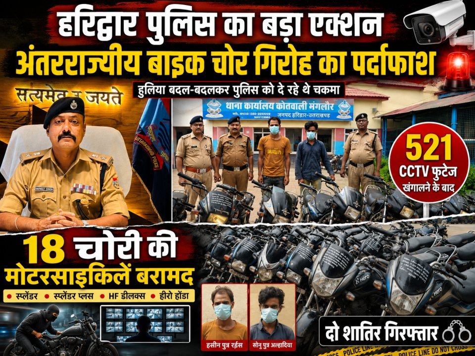 हरिद्वार पुलिस का बड़ा एक्शन: अंतरराज्यीय बाइक चोर गिरोह का पर्दाफाश, 18 चोरी की मोटरसाइकिलें बरामद