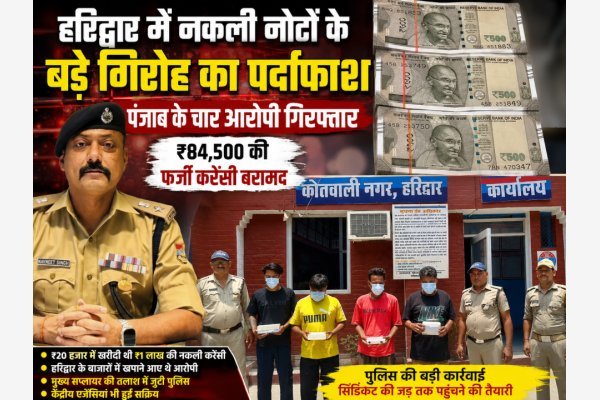 हरिद्वार में नकली नोटों के बड़े गिरोह का पर्दाफाश, पंजाब के चार आरोपी गिरफ्तार, ₹84,500 की फर्जी करेंसी बरामद