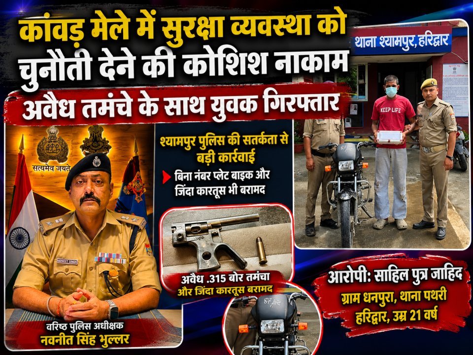 हरिद्वार: कांवड़ मेले में सुरक्षा व्यवस्था को चुनौती देने की कोशिश नाकाम, अवैध तमंचे के साथ युवक गिरफ्तार