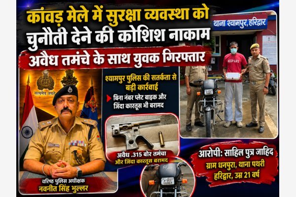 हरिद्वार: कांवड़ मेले में सुरक्षा व्यवस्था को चुनौती देने की कोशिश नाकाम, अवैध तमंचे के साथ युवक गिरफ्तार