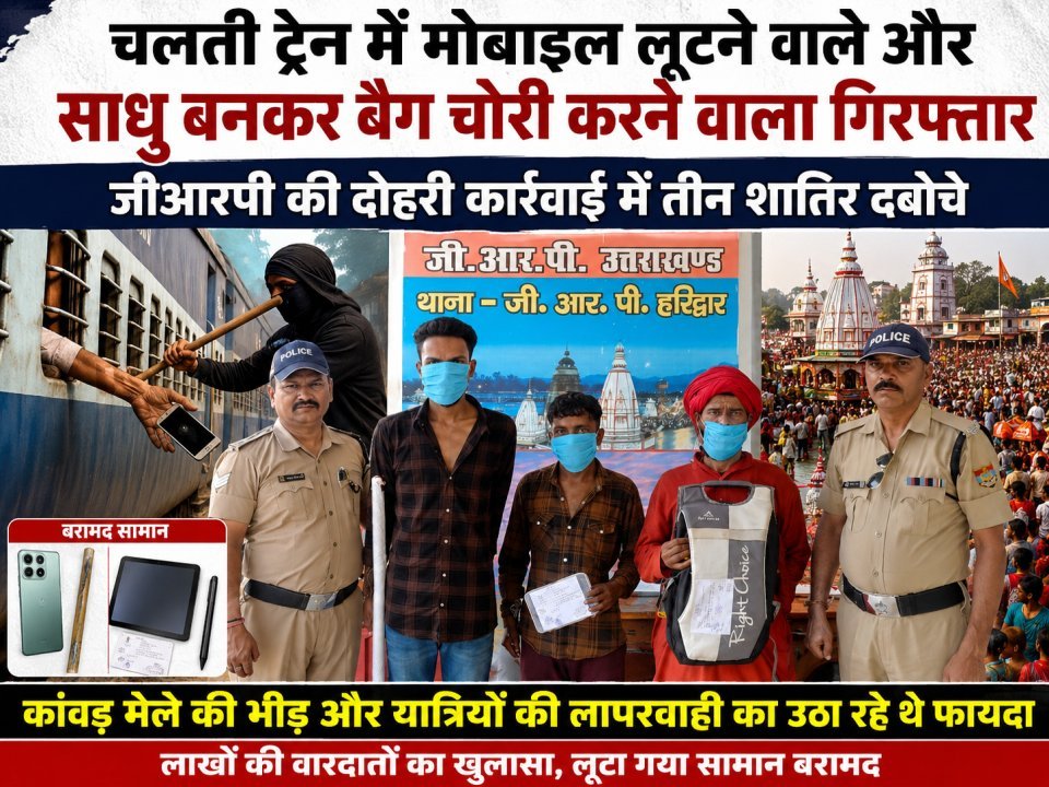 चलती ट्रेन में मोबाइल लूटने वाले और साधु बनकर बैग चोरी करने वाला गिरफ्तार, जीआरपी की दोहरी कार्रवाई में तीन शातिर दबोचे