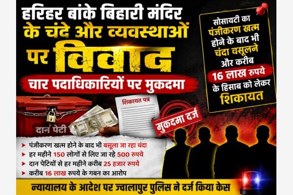 हरिहर बांके बिहारी मंदिर के चंदे और व्यवस्थाओं पर विवाद, चार पदाधिकारियों पर मुकदमा