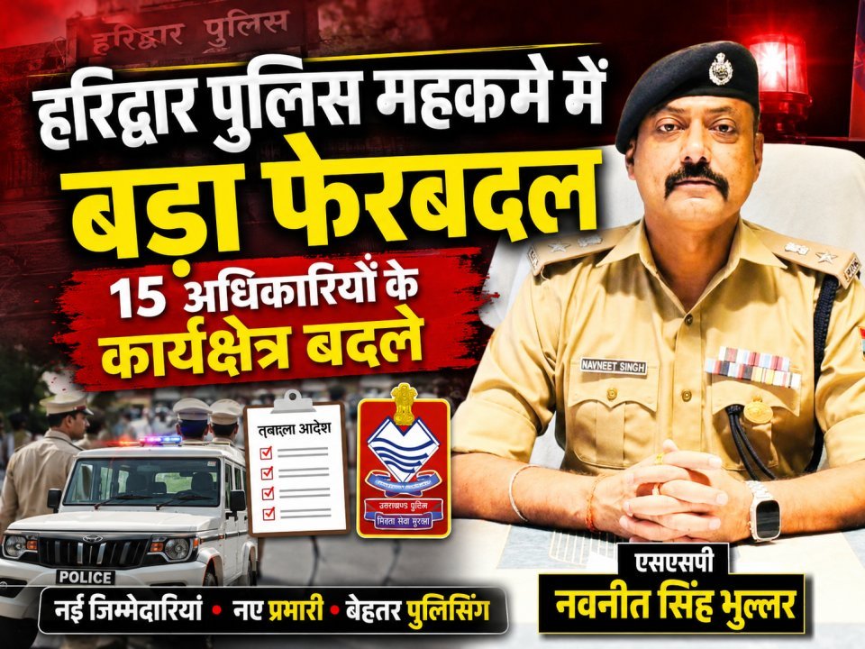 हरिद्वार पुलिस महकमे में बड़ा फेरबदल, 15 अधिकारियों के कार्यक्षेत्र बदले