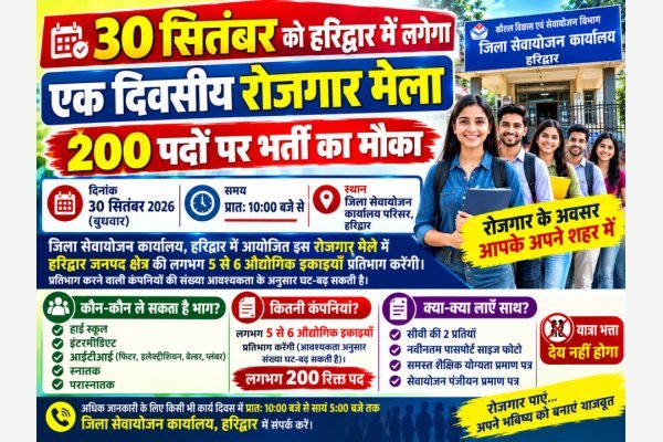 30 सितंबर को हरिद्वार में लगेगा एक दिवसीय रोजगार मेला, 200 पदों पर भर्ती का मौका