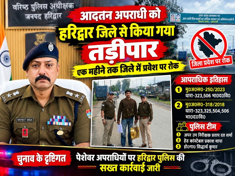 आदतन अपराधी को हरिद्वार जिले से किया गया तड़ीपार, एक महीने तक जिले में प्रवेश पर रोक
